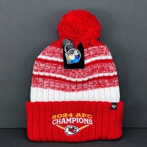 47 Brand Kansas City Chiefs 2024 AFC Champions Red White Striped Pom Beanie Hat